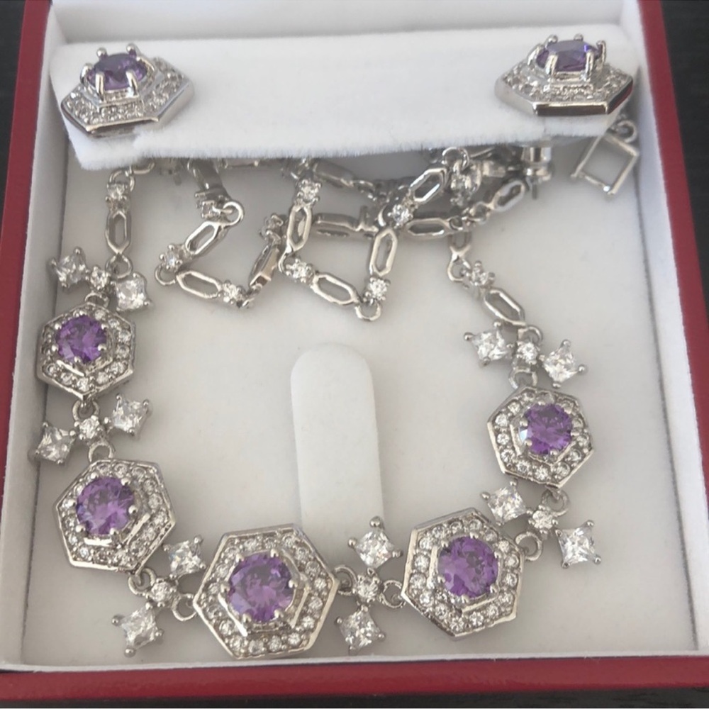 Elegant Sterling Silver CZ  and Purple Necklace and Earring Set